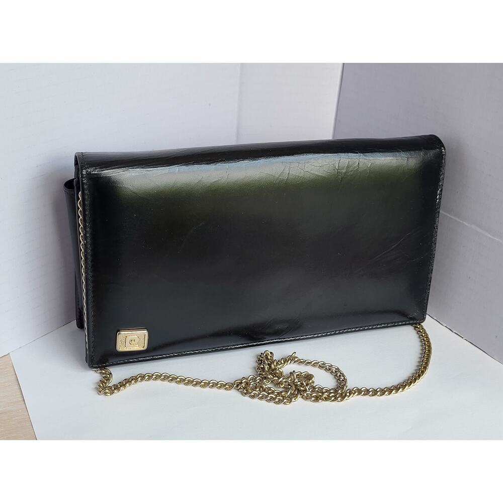 Vintage Pierre Cardin Clutch Shoulder Handbag Structured Black Leather 1970s